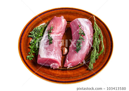Fresh pork tenderloin meat with rosemary and thyme. Isolated on white background. 103413580