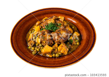 Lamb oxtails ragout with vegetables in a rustic plate. Isolated on white background. 103413593