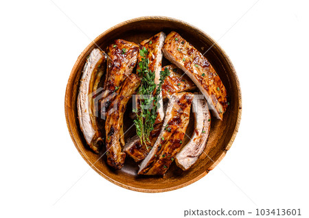 Cut BBQ grilled pork rack spareribs in a wooden plate. Isolated on white background. 103413601