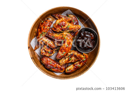 Grilled chicken wings with bbq sauce. Isolated on white background. 103413606
