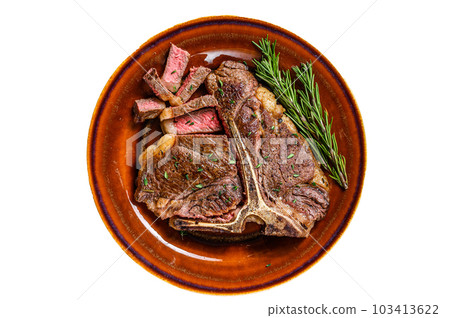 Barbecue Roast porterhouse or t bone beef meat Steak on a rustic plate. Isolated on white background. 103413622