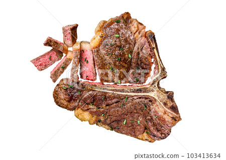 Barbecue Roast porterhouse or t bone beef meat Steak on a rustic plate. Isolated on white background. Barbecue Roast porterhouse or t bone beef meat Steak on a rustic plate. Isolated on white background. 103413634