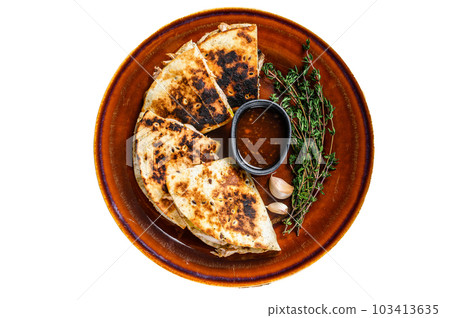 Mexican quesadilla with chicken, paprika, cheese and cilantro on wooden cutting board. Isolated on white background. Mexican quesadilla with chicken, paprika, cheese and cilantro on wooden cutting board. Isolated on white background. 103413635