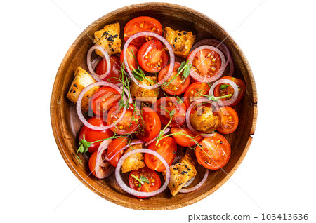 Tuscan Panzanella salad, Vegetarian classic salad with tomatoes, onion and Croutons. Isolated on white background. 103413636