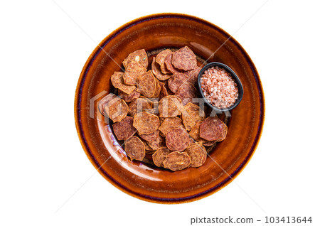 Dried smoked Meat Jerky from beef and pork meat. Isolated on white background. 103413644