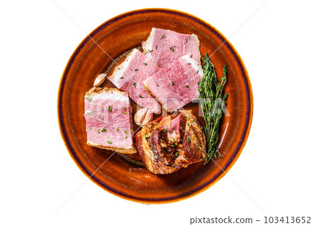 Smoked pork Slab Bacon meat slices on a rustic plate. Isolated on white background. 103413652