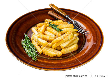 Fried Crinkle French fries potatoes or chips in a rustic plate. Isolated on white background. Fried Crinkle French fries potatoes or chips in a rustic plate. Isolated on white background. 103413672