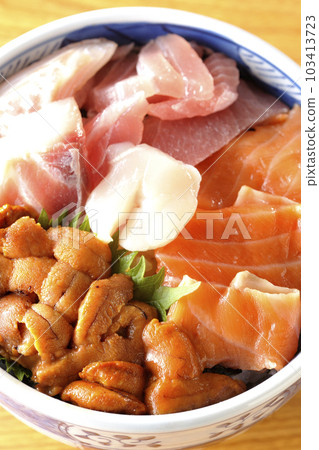 A bird's-eye view of tuna, salmon, sea bream, scallops, and sea urchin 103413723