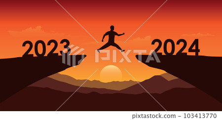 man jumping over a cliff from 2023 to 2024 at dramatic sunset man jumping over a cliff from 2023 to 2024 at dramatic sunset 103413770