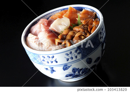 在黑色背景中拍攝金槍魚、鮭魚、海鯛、扇貝和海膽 在黑色背景中拍攝金槍魚、鮭魚、海鯛、扇貝和海膽 103413820