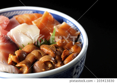 在黑色背景中拍攝金槍魚、鮭魚、海鯛、扇貝和海膽 103413830