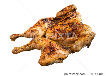 Whole roasted Chicken rotisserie with herbs. Isolated on white background. 103413845