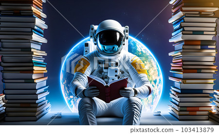 Astronaut reading a book in the space. Spaceman and the planet. Explore the space and Mixed media Concept. Generative Ai. Astronaut reading a book in the space. Spaceman and the planet. Explore the space and Mixed media Concept. Generative Ai. 103413879