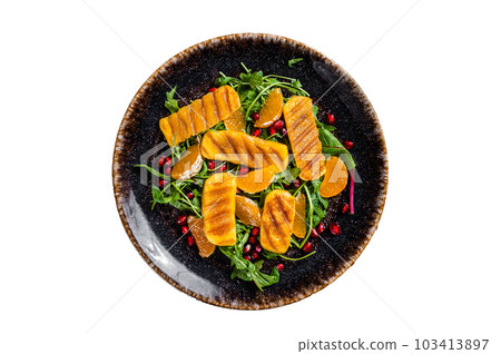 Summer Salad with grilled Halloumi cheese, arugula, oranges and pomegranate. Isolated on white background. 103413897