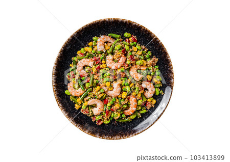Fresh healthy food - Vegetarian salad with quinoa, vegetables and Shrimps, Prawns. Isolated on white background. Fresh healthy food - Vegetarian salad with quinoa, vegetables and Shrimps, Prawns. Isolated on white background. 103413899