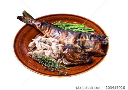 Fillet of Hot smoked fish perch in a rustic plate with thyme. Isolated on white background. 103413928
