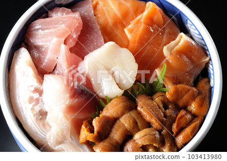 黑色背景中金槍魚、鮭魚、海鯛、扇貝和海膽的鳥瞰圖 103413980