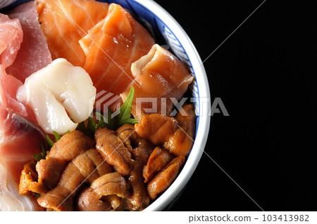 黑色背景中金槍魚、鮭魚、海鯛、扇貝和海膽的鳥瞰圖 103413982