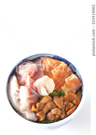 Overhead view of tuna, salmon, sea bream, scallop, and sea urchin on a white background Overhead view of tuna, salmon, sea bream, scallop, and sea urchin on a white background 103414062