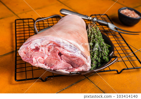Raw pork shank knuckle in a steel tray with herbs. Orange background. Top view. 103414140