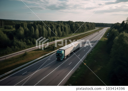 A semi truck drives along the highway during sunset, carrying vital freight to businesses and consumers, highlighting the crucial role of logistics in our daily lives. Generative AI. A semi truck drives along the highway during sunset, carrying vital freight to businesses and consumers, highlighting the crucial role of logistics in our daily lives. Generative AI. 103414396