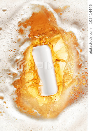 Can bottle of lager beer diving into foamy beer splashes. Cool, chill drink, refreshment. Drink aesthetics Can bottle of lager beer diving into foamy beer splashes. Cool, chill drink, refreshment. Drink aesthetics 103414446