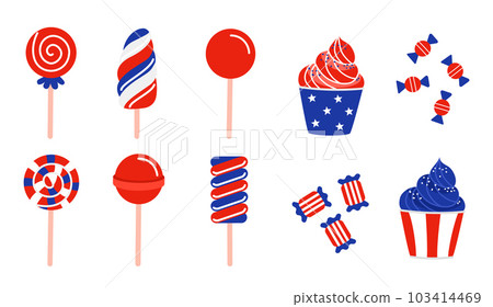 Illustration of a set of lollipops, sweets, and cupcakes in red, white, and blue in a flat style. Sweets for USA Independence Day. Vector illustration Illustration of a set of lollipops, sweets, and cupcakes in red, white, and blue in a flat style. Sweets for USA Independence Day. Vector illustration 103414469