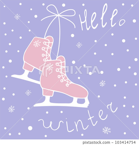 Vector winter background - curly skates in the doodle style on a background of snowflakes. Hello winter. 103414754