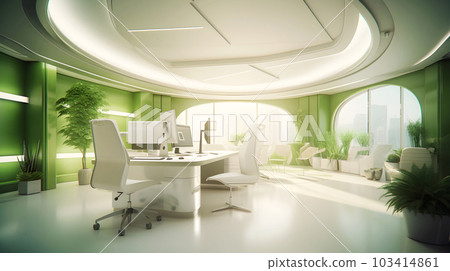 Modern futuristic interior office design with warm tones of green. Futuristic conference room interior. Workplace and corporate concept. 3d rendering, Generative AI illustration Modern futuristic interior office design with warm tones of green. Futuristic conference room interior. Workplace and corporate concept. 3d rendering, Generative AI illustration 103414861