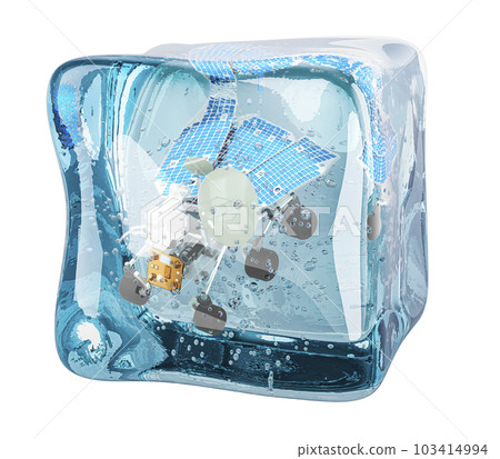 Planetary rover frozen in ice cube, 3D rendering 103414994