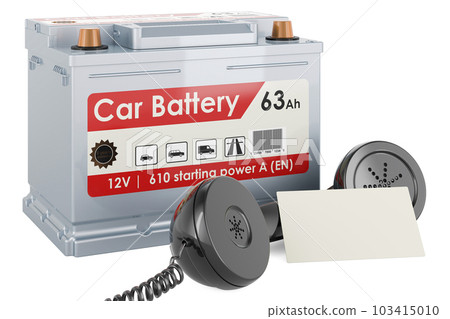 Car battery with blank business card and retro phone receiver. 3D rendering 103415010