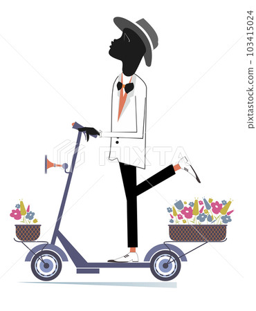 Young African man, scooter, bouquets of flowers.  Smiling young African man in the hat rides a scooter and carries bouquets of flowers in the baskets. Isolated on white background 103415024