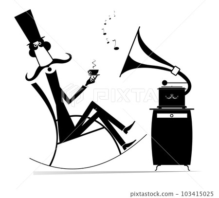 Man in the rocking chair, coffee, retro record player. Long mustache man in the top hat rests in the rocking chair with a cup of coffee and retro record player. Black and white illustration 103415025