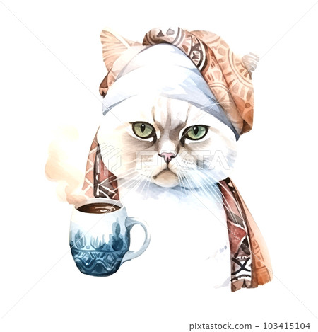 Turkish Cat with coffee cup. Muslim cat with turban. Watercolor Vector illustration for coffee houses. Isolated on white background. Can be used for menu, logo or flyer, greeting card, design t-shirt 103415104