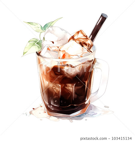 Black coffee mug watercolor in retro style on white background. Shop poster design. Sketch drawing. Sweet food. Black coffee mug watercolor in retro style on white background. Shop poster design. Sketch drawing. Sweet food. 103415134