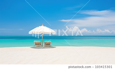Two sunbeds under a parasol on a tropical empty paradise beach with blue sky, turquoise sea and white sand. Romantic Summer vacation, honeymoon concept. Banner with copy space for text. Generative AI. 103415301