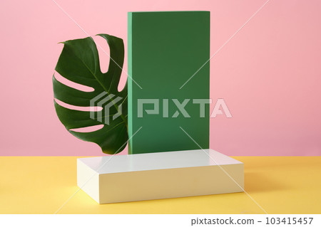 Rectangle podium in white and green colors displayed on a pink background. Vacant space on the podium for product promotion Rectangle podium in white and green colors displayed on a pink background. Vacant space on the podium for product promotion 103415457