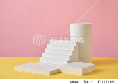 A set of white podium in different shapes. Mock-up for exhibitions or presentation of cosmetic products or packaging A set of white podium in different shapes. Mock-up for exhibitions or presentation of cosmetic products or packaging 103415460
