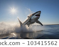 A shark jumping out of the water creates a thrilling image of danger and adrenaline. This action shot in sepia tone is perfect for adventure and tourism themes. AI Generative. 103415562