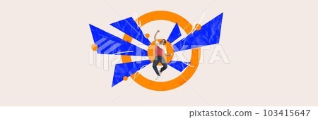 Contemporary art collage with happy man, office worker jumping and rejoices to successful business plan over light background with abstraction. Concept of success, progress Contemporary art collage with happy man, office worker jumping and rejoices to successful business plan over light background with abstraction. Concept of success, progress 103415647