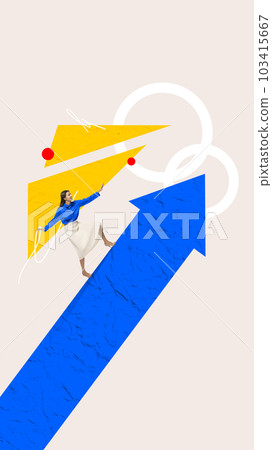 Contemporary art collage with woman, office worker climbing the arrow to observe business market toward success over light background. Concept of achievements, motivation 103415667