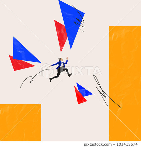 Contemporary art collage with woman, office worker jumping and overcoming obstacles with ease over light background with abstraction. Concept of career growth, ad Contemporary art collage with woman, office worker jumping and overcoming obstacles with ease over light background with abstraction. Concept of career growth, ad 103415674