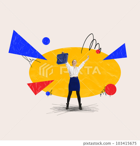 Contemporary art collage with happy business woman, office worker standing and rejoices to career growth over light background with abstraction. Concept of motivation, success 103415675