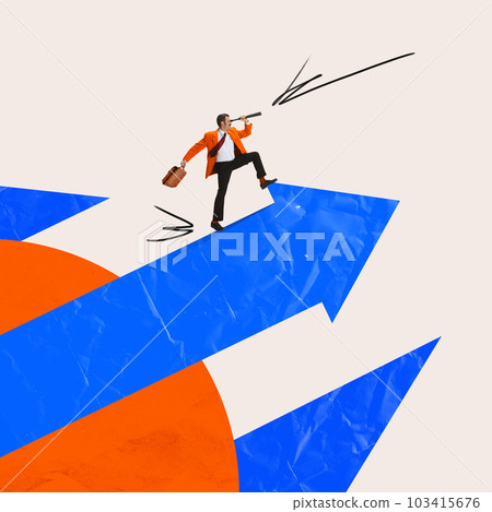 Contemporary art collage with businessman standing with spyglass and looking for new business opportunities over light background. Concept of achievements 103415676