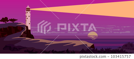 Lighthouse tower, beacon on tropical seashore ocean with ray of light 103415757