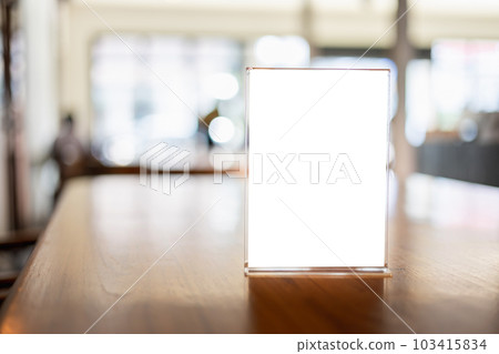Stand Mock up Menu frame tent card blurred background design key visual layout in cafe Stand Mock up Menu frame tent card blurred background design key visual layout in cafe 103415834