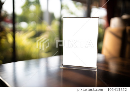 Stand display mockup Menu frame tent card blurred background design key visual layout in cafe space for text promotion to business advertising Stand display mockup Menu frame tent card blurred background design key visual layout in cafe space for text promotion to business advertising 103415852