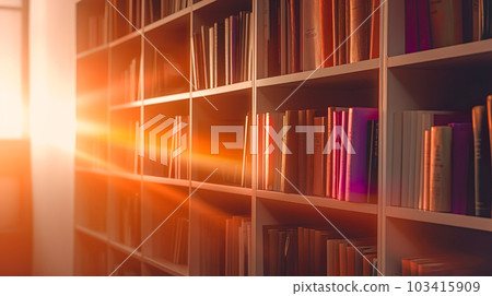 透過圖書館書架和窗戶的日落“人工智能生成圖像” 透過圖書館書架和窗戶的日落“人工智能生成圖像” 103415909