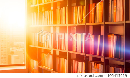 透過圖書館書架和窗戶的日落“人工智能生成圖像” 透過圖書館書架和窗戶的日落“人工智能生成圖像” 103415919