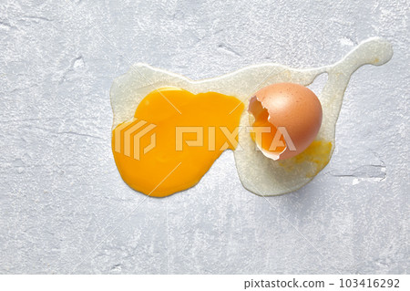 A fallen and broken chicken egg splashed across the concrete floor 103416292